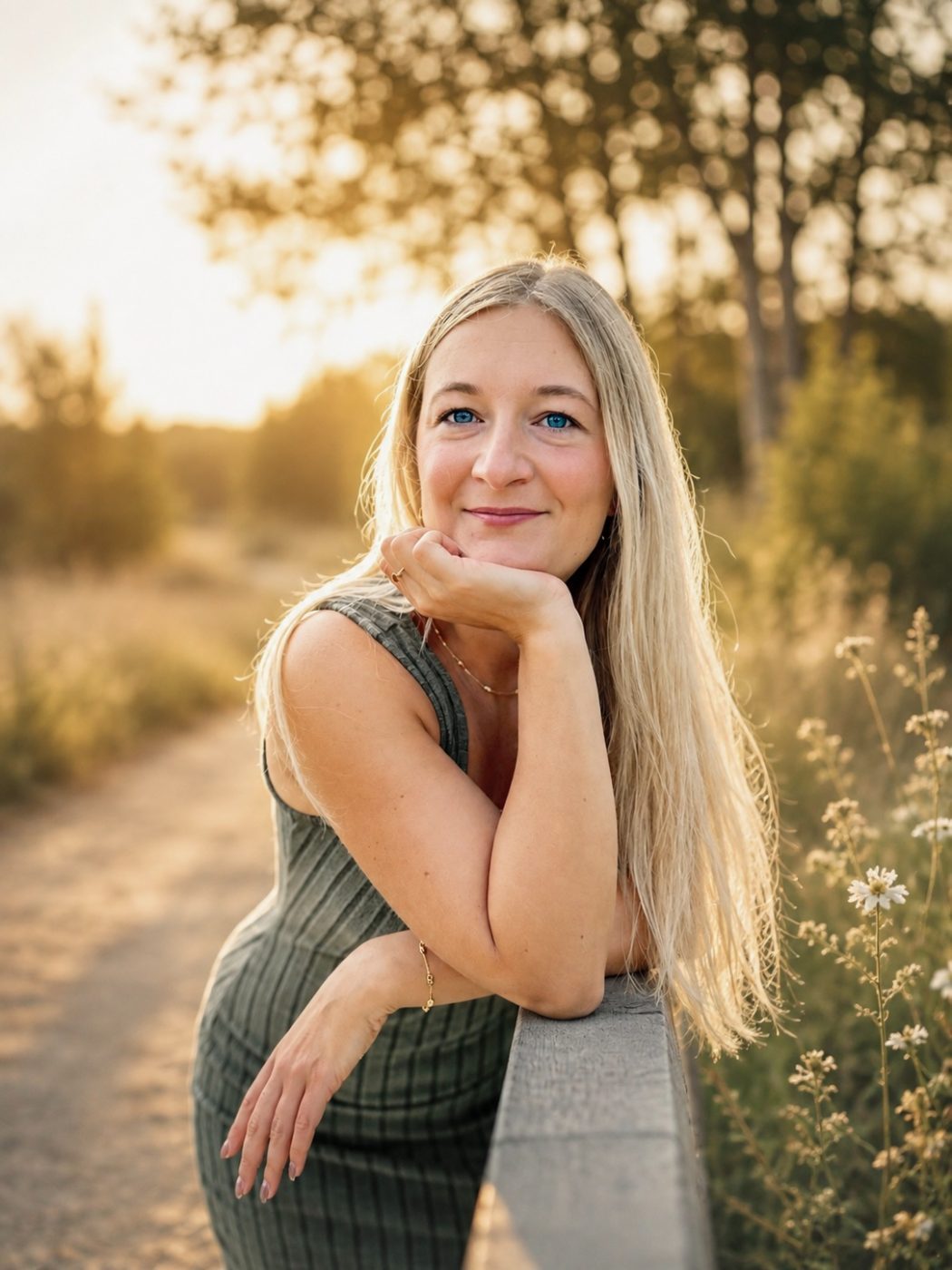 Annelie an einem Holztisch mit Notizbuch und Kaffeetasse, entspannte Arbeitssituation zu Hause, natürliches Fensterlicht, authentisch und ungestellt